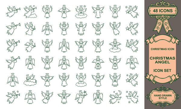 Hand drawn christmas angel vector set heavenly wings outline doodle cherub character divine spiritual collection