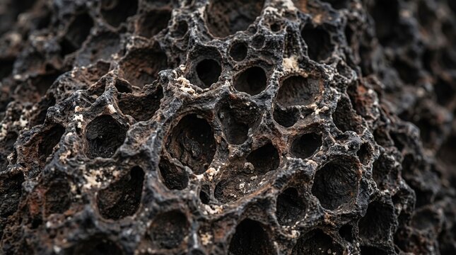 Porous volcanic rock surface with honeycomb texture geological