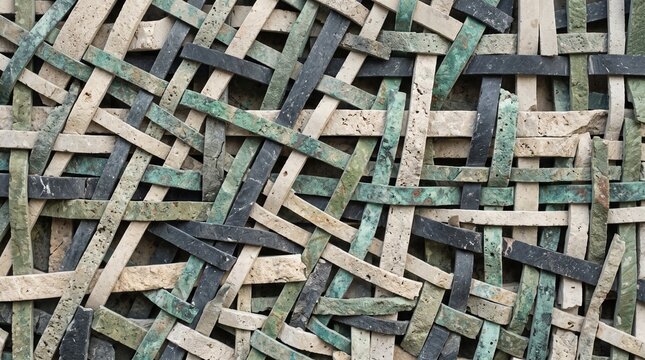 Woven stone strips in beige green and charcoal architectural wall