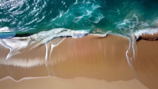 Aerial View Turquoise Ocean Wave Foam Washing Across Sandy Beach Coastline