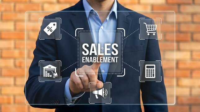 Businessman touching sales enablement digital interface screen for business growth
