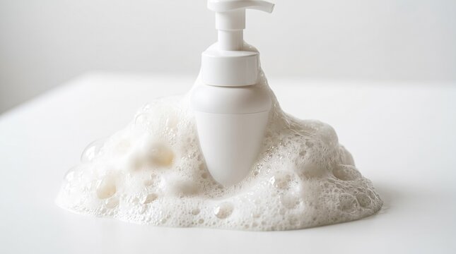 Minimalist foam wash bottle mockup, rich lather and thick white bubbles surrounding the base, bright studio lighting, macro photography.