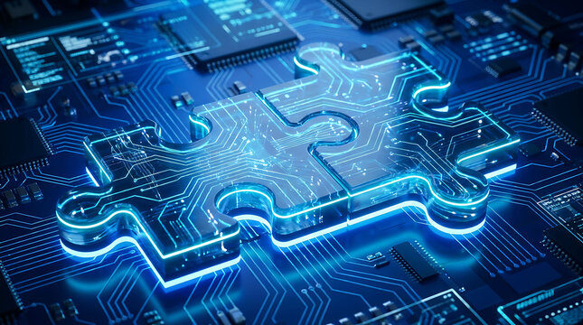 Glowing digital puzzle pieces interlocking perfectly on a futuristic circuit board