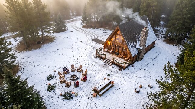 Cozy A-frame cabin with outdoor fire pit in a snowy winter forest