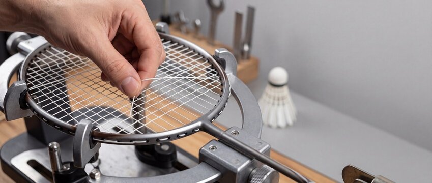 Close up of hands restringing a badminton racket using a manual stringing machine in a sports workshop with a shuttlecock in the background