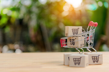 Shopping cart cardboard box online shopping retail sale e commerce delivery service trade consumer goods © Achira22