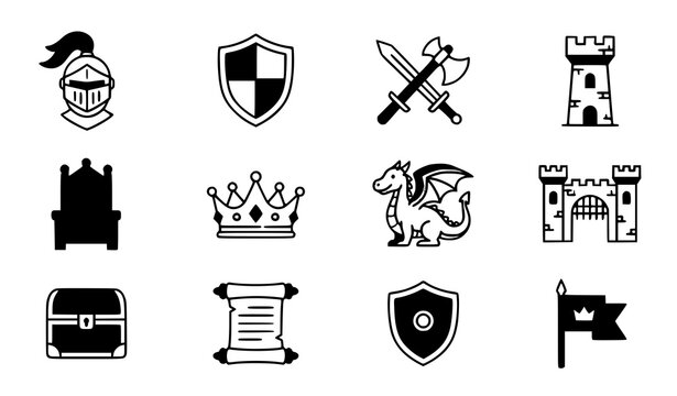 Medieval Middle Ages Icons Set with Knight Castle Dragon Crown Throne and Historic Symbols