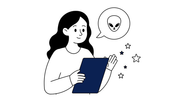 A woman holding a tablet looking at an alien symbol in a thought bubble representing space discovery and science communication