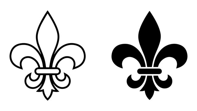 Fleur de lis heraldic emblem in outline and solid black silhouette styles with lily emblem royal crest outline icon graphic design