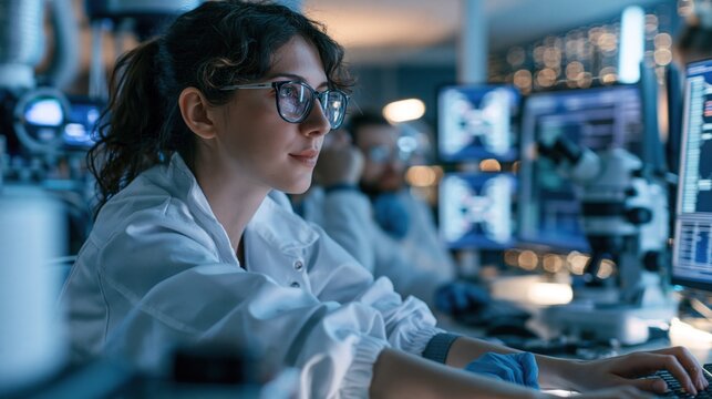 A focused female scientist wearing a lab coat and glasses, working at a computer in a laboratory with multiple monitors and equipment in the background.