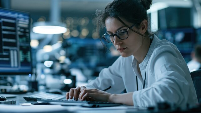 A focused female engineer wearing glasses, working at a desk in a high-tech office with multiple computer screens and a large monitor in the background.