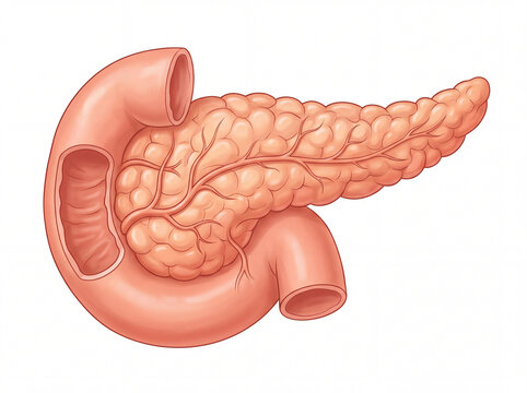 Human pancreas and duodenum medical illustration on white background