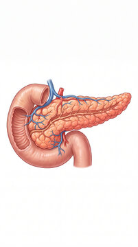 Anatomical illustration of the human pancreas and duodenum on white