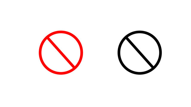 Prohibition and no entry symbol icon collection featuring red and black circle designs with diagonal slash marks, flat vector illustration isolated on white background for warning, safety and restrict
