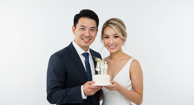 Newlywed Couple Holding Wedding Cake Topper: A joyous Asian couple, the bride in a white wedding dress and the groom in a navy suit, smile at the camera holding a small, elegant wedding cake topper.