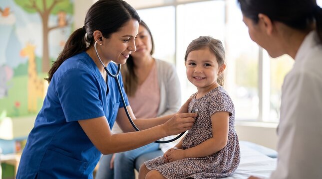 Female pediatric nurse, with medical stethoscope on chest, examining smiling young girl patient, inside children clinic office, healthcare medical photography