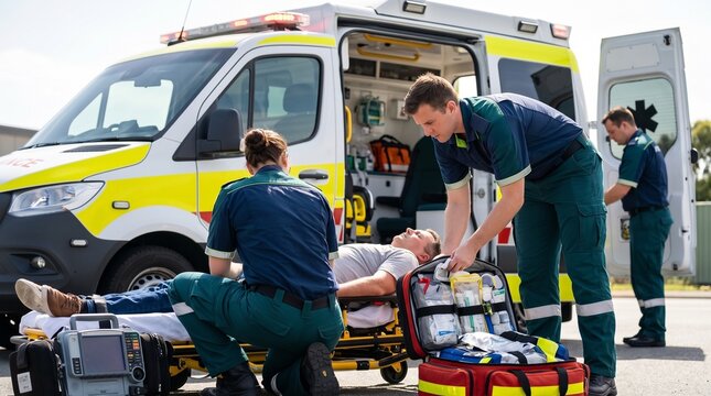 Emergency paramedics in green uniforms, with medical response bag and ambulance vehicle, treating patient on stretcher outdoors, on paved road outside vehicle, emergency healthcare photography
