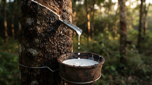 Rubber latex dripping from a tapped tree trunk into a collection bowl in a tropical plantation.