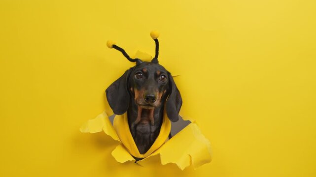 A black and tan dachshund dog dressed in a bright bee costume with springy antennae and a yellow sweater pushes its head through torn yellow paper, mouth open, a playful honey brand idea.
