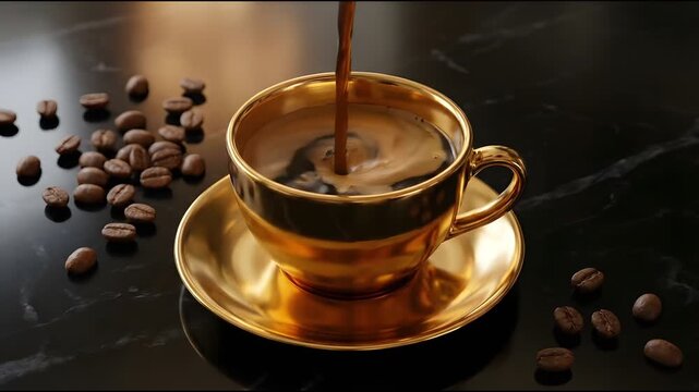 A rich, dark coffee is poured into a golden cup, surrounded by scattered coffee beans on a dark, glossy surface, creating a luxurious and inviting morning beverage scene