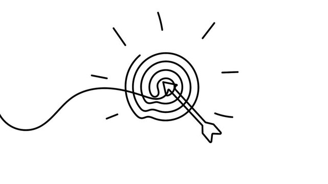 Continuous line arrow hits target lightbulb icon in 4k animation video. Continuous line arrow hits target lightbulb icon in a black doodle line art motion graphics animation. 4K animation.