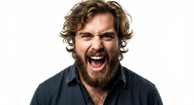 Man Shouting and Screaming with Anger: A man with a beard and curly hair is shouting with his mouth wide open, eyes glaring intensely, expressing extreme anger or frustration.