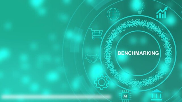 Digital technology concept of benchmarking with glowing icons and circular interface on a teal background