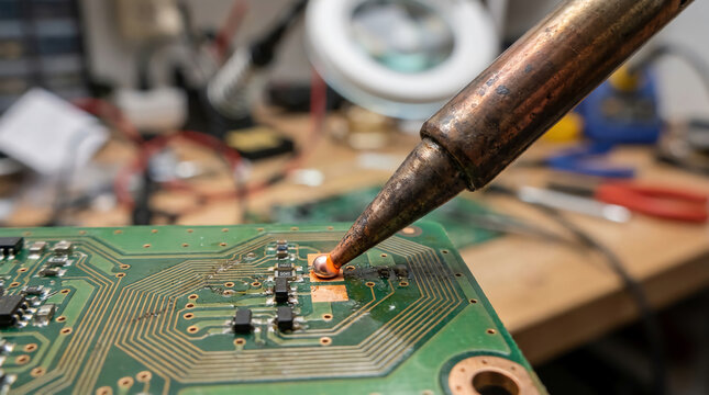 Close-up of a soldering iron tip melting solder onto a green printed circuit board in an electronics workshop.