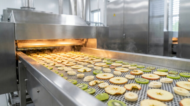 Industrial food drying process with sliced fruits like apples and kiwis on a conveyor belt inside a stainless steel drying machine.