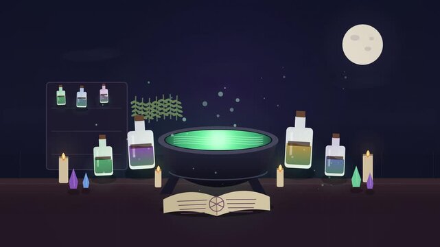 Witch cauldron with glowing green potion and magic book at night