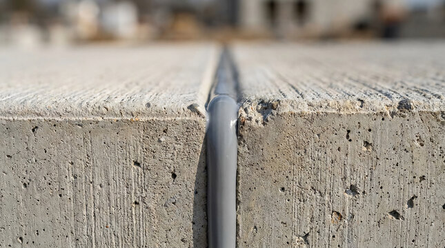Close-up of a concrete surface with a narrow gap filled with a flexible sealant, highlighting texture and construction detail.