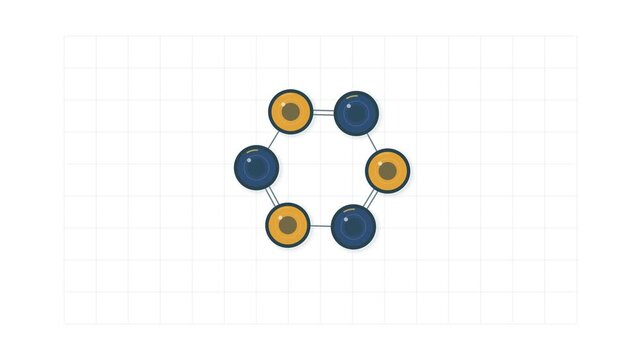 Animated molecular grid assembly with atoms bonding into a hexagon ring on a scientific grid