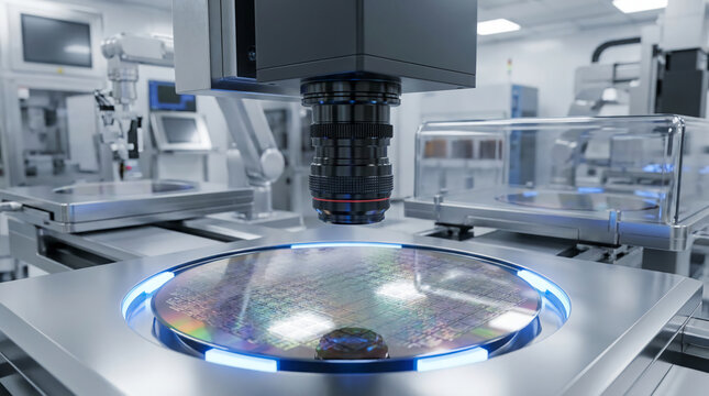 A high-tech microscope examining a semiconductor wafer in a sterile, advanced laboratory setting.