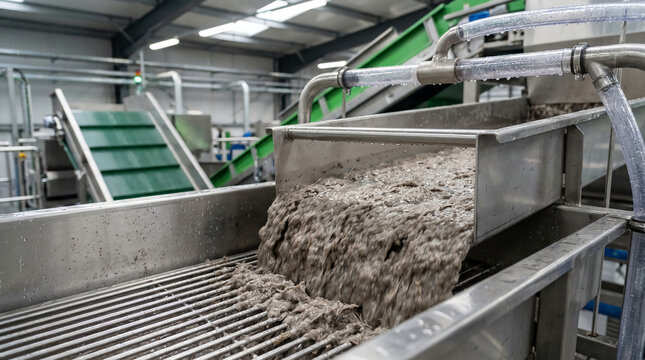 Industrial conveyor processing recycled paper pulp in a recycling facility.
