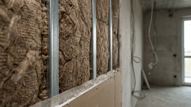 Insulation material installed between metal studs in a building under construction, with exposed wiring and unfinished walls.