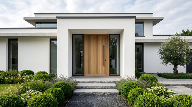 Modern minimalist house facade with sleek wooden front door and lush green garden landscaping emphasizing contemporary