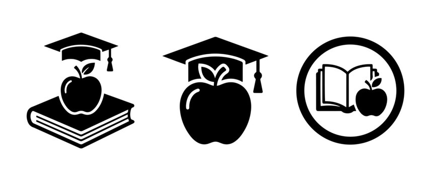 Education icon set featuring apple with graduation cap and open book school supply academic success back to school academic