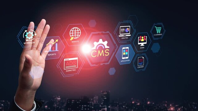 Hand Reaching Towards Digital Icons Representing Content Management System Features in a Modern Urban Setting at Night. Entropy.