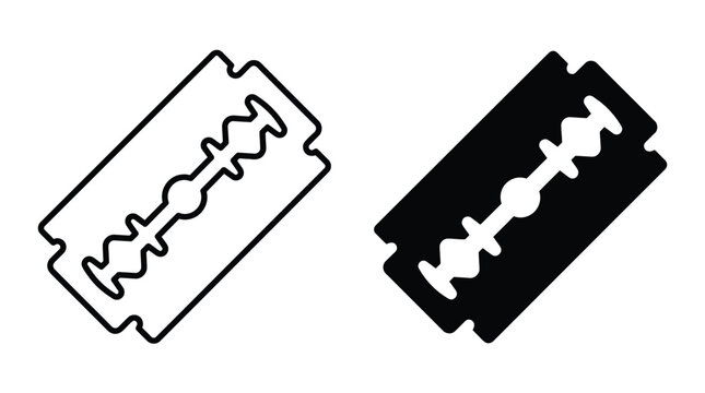 Dual razor blade outline and silhouette vector icons featuring minimalist design styles for grooming, shaving, and barber shop visual branding asset collections
