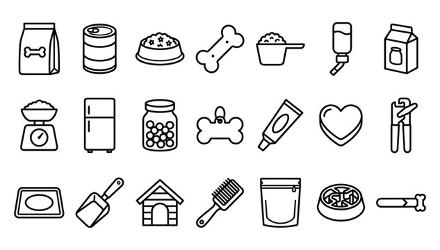 Modern linear black outline domestic pet care veterinary treatment nutrition breeding accessories and animal store supplies web UI icon set collection vector on white background