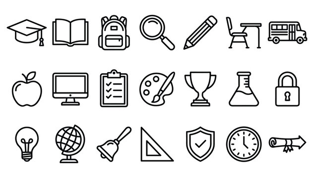 Modern linear black outline school education academic study graduation university and classroom learning technology web UI icon set collection vector on white background