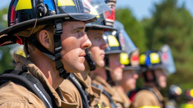 Firefighters Line Up Prepared for Action in Uniform During Emergency Response Practice Exercise