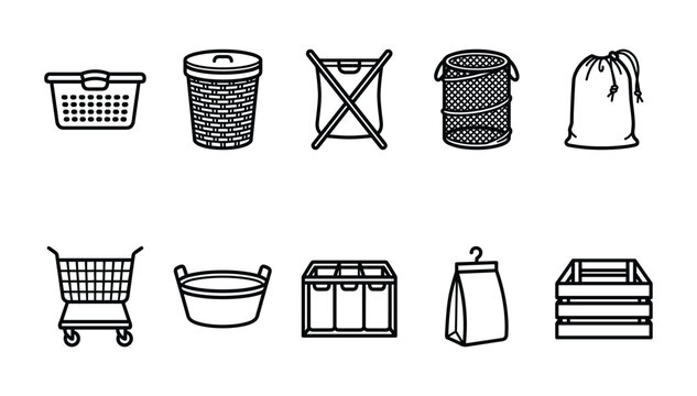 A collection of linear laundry baskets and home organization storage icons isolated on white background vector illustration