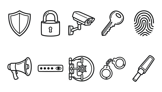 Minimalist security and protection outline icon set featuring shield padlock camera key fingerprint and digital safety elements