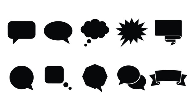 Minimalist speech bubble silhouette set featuring diverse comic talk clouds thought bubbles and decorative text banner elements