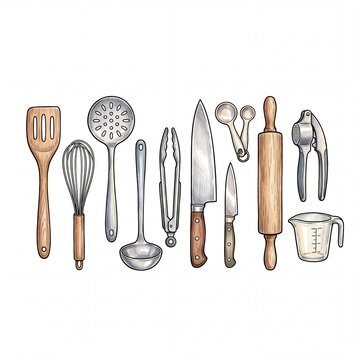 Set of kitchen utensils and cooking tools on white background