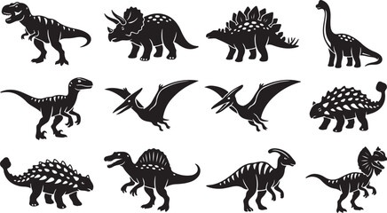 Collection of twelve dinosaur silhouettes including tyrannosaurus rex, triceratops, stegosaurus, brachiosaurus, raptor, pterodactyl, and ankylosaurus © MdAbu