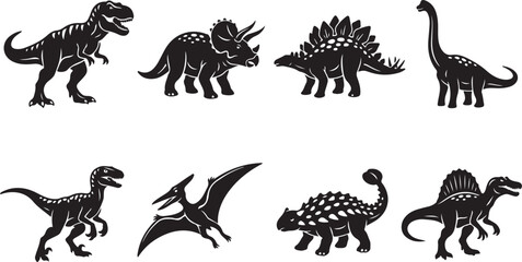 Set of eight dinosaur silhouettes featuring tyrannosaurus rex, triceratops, stegosaurus, brachiosaurus, raptor, pterodactyl, ankylosaurus, spinosaurus © MdAbu