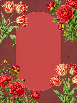 Vintage botanical red tulips and peonies floral background with arched frame and copy space