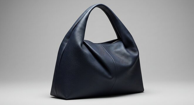 Elegant Navy Leather Handbag: A sophisticated navy blue leather handbag with a smooth finish and minimalist design, presented on a subtle grey background, showcases timeless style and functionality.